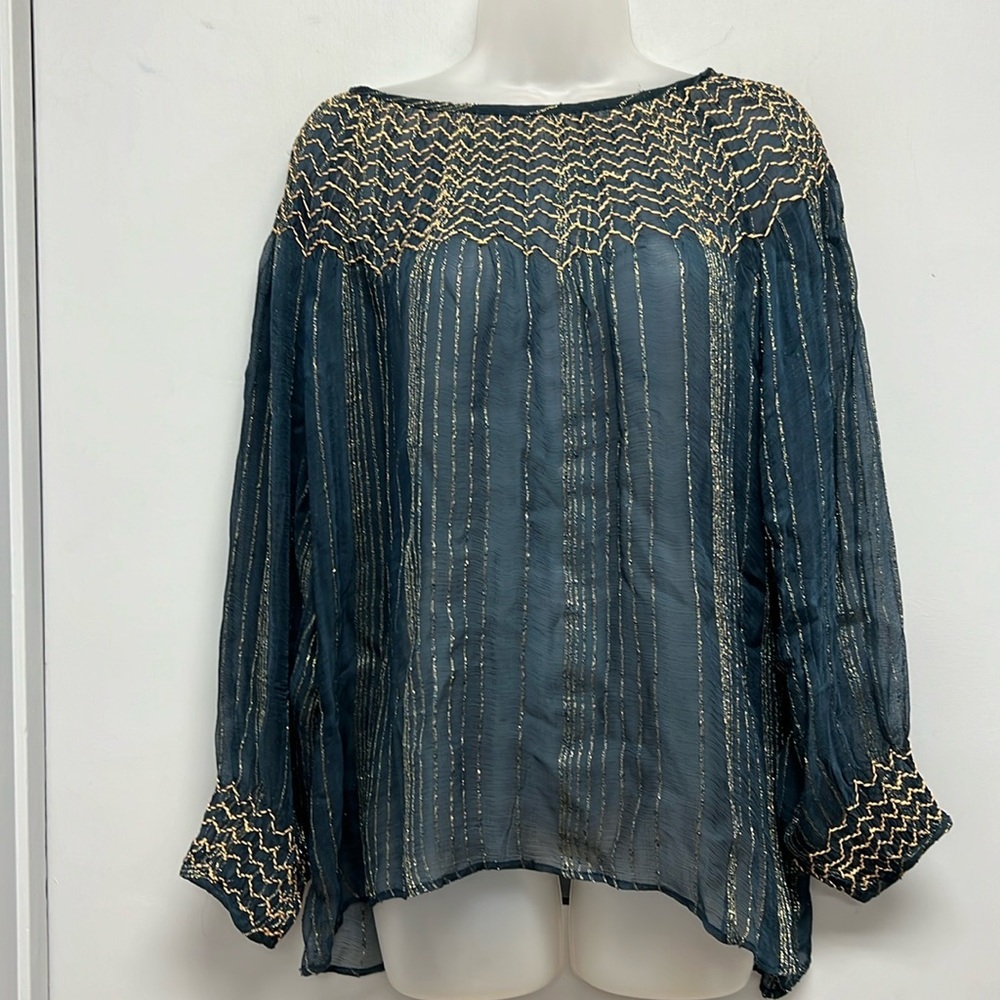 Anthropologie Love Sam Women’s Blue Metallic Sheer Blouse Size Large